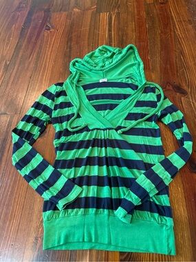 Splendid Green and Navy Striped Hooded Top